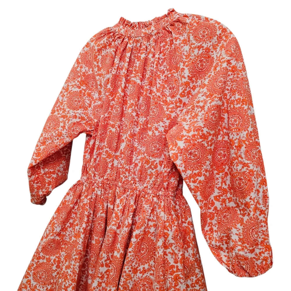Nwot J.Crew Orange White Floral LS Ruffled Neck Fit/Flare Button Front  Dress